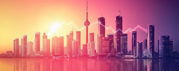 Obraz premium Dynamic city skyline with glowing upward arrows representing growth