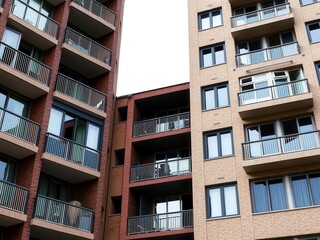 Modern module apartment block with sleek design and geometric patterns, facade, windows, building