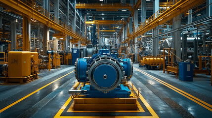 Fototapeta premium large industrial air compressor system operating in a modern manufacturing facility showcasing powerful equipment in a factory production setting bright white gold silver tone background
