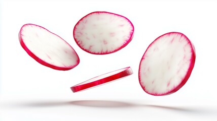 Ultra-realistic close-up of fresh radish slices with vibrant red edges floating on white background
