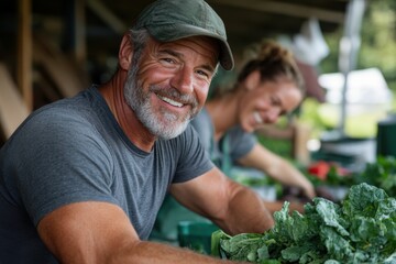 Two farmers are joyfully working together at a garden, surrounded by fresh vegetables. Their teamwork and smiles create a vibrant, positive atmosphere in nature.
