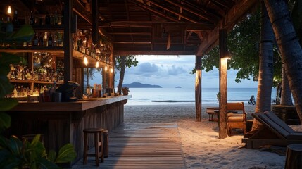 Tranquil Beach Bar at Sunset with Soft Lighting and Tropical Ambience