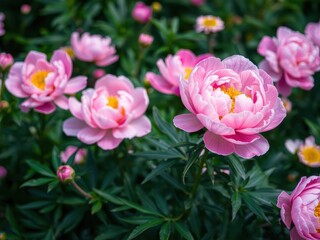 Obraz premium Pink peony flowers blooming in a lush garden setting, flora, spring, pink peony