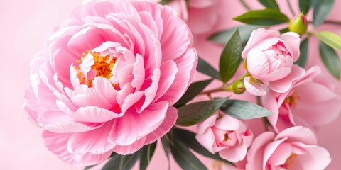 Fototapeta premium Pink peony flowers scattered across a light pink background, beauty, delicate, flora