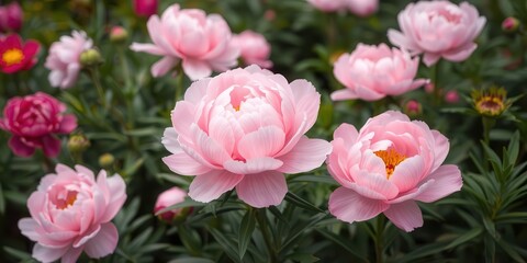 Naklejka premium Pink peony flowers in full bloom creating a lush and elegant background, background, garden, nature