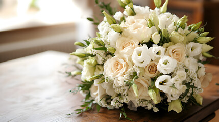 una mesa de madera con un ramo de flores en colores claros con espacio de copia decoracion y dise&ntilde;o floral