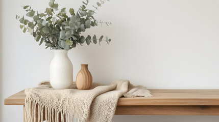 una mesa de madera con una manta elegante con un jarron blanco con hojas o plantas de eucalipto decorativas con espacio de copia estilo boho