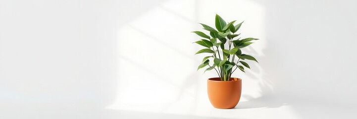 Realistic shadow effect of a potted plant on a white background, digital art, stock photo