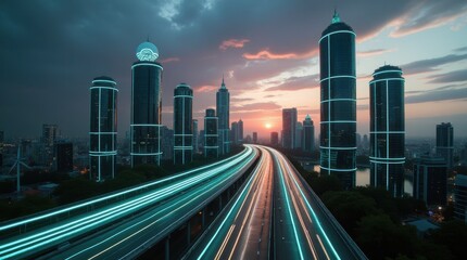 Fototapeta premium Futuristic Cityscape with Autonomous Vehicles and Glowing Skyscrapers