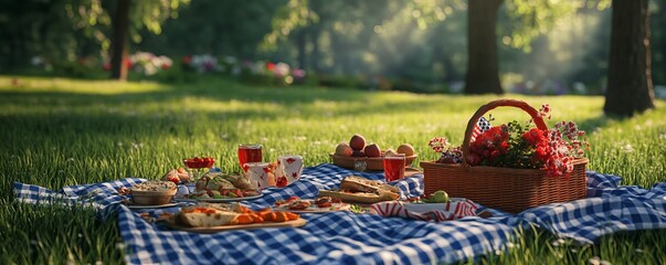 Fourth of July family picnic setup with blankets and food,