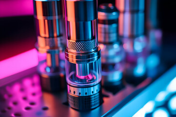 Close-up of an advanced vaping device, featuring modular parts and sleek design in a futuristic setting, AI Generated