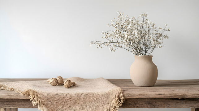 una mesa de madera con una manta y un jarron o florero con plantas elegantes y delicadas estilo vintage o boho con espacio de copia