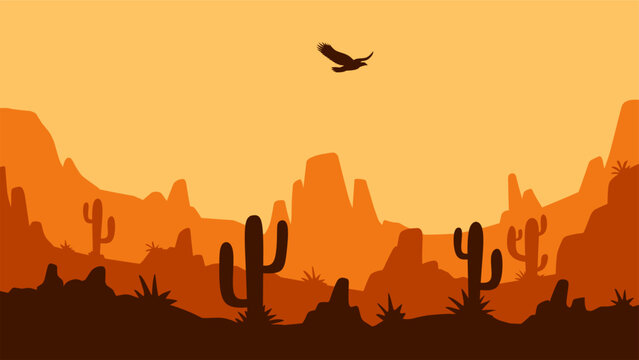 Landscape illustration of wild west desert with cacti and butte