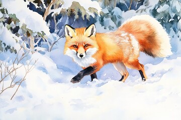 Fototapeta premium Red fox trotting through snowy woodland with bright orange fur contrasting against the white snow