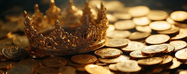 Golden coins surrounding a crown, regal theme, symbol of royalty and extreme wealth, aristocratic richness