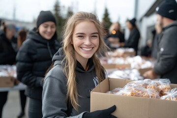 A joyful volunteer holds a box of food at a community distribution event, representing kindness and the spirit of giving in action as people come together to help out.