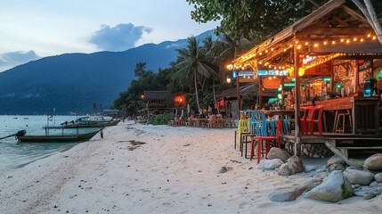 Serene Beachfront Bar at Sunset with Colorful Chairs and Palm Trees