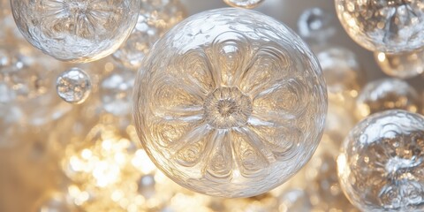 Close-up of transparent water spheres creating delicate reflections in a circular arrangement