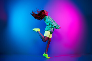 Full length photo of shiny pretty lady dressed green sweatshirt enjoying disco empty space isolated...