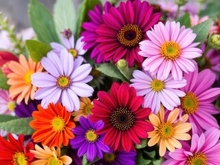 Fototapeta premium Vibrant purple flower petals and leaves creating a colorful botanical composition, plant, arrangement, vibrant