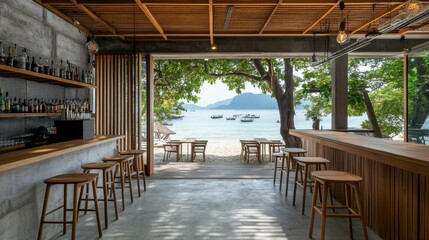 Cozy Beach Bar Interior Overlooking Tropical Paradise Scene