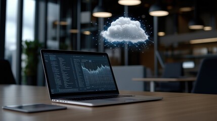 A laptop is open and shows lines of code while the sun sets behind a city skyline, merging technology with an urban atmosphere as lights begin to twinkle