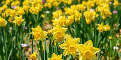 Obraz premium Vibrant yellow daffodil flowers blooming in a field under the bright sun, meadow, daffodil