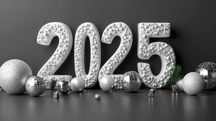 New Year banner for 2025. White and silver. Empty space for text.