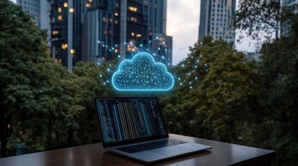 A laptop is open and shows lines of code while the sun sets behind a city skyline, merging technology with an urban atmosphere as lights begin to twinkle