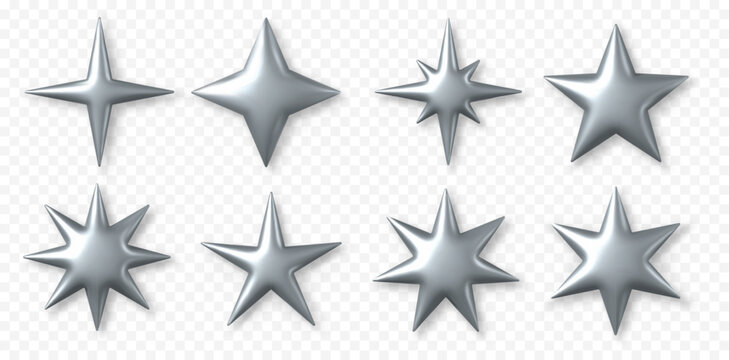 3d silver stars. y2k chrome star shiny shapes. Festive Christmas and Ramadan, futuristic and celestial, sci-fi glossy, metal glitter elements. Vector isolated set.