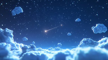 Fototapeta premium 3d cartoon rendering of a starry night sky featuring small clouds and a falling star during a meteor shower observation. Meteor. Illustration