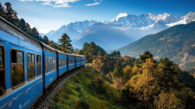 A scenic train ride through the mountains, with travelers enjoying the breathtaking views from the windows. The landscape includes snow-capped peaks and lush valleys, emphasizing the beauty of
