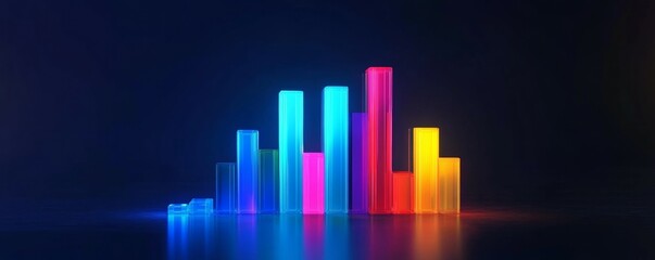 Lowpoly bar graph with bright neon colors, dark blue background, digital business data