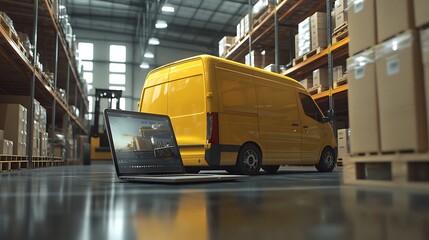 Yellow Delivery Van in Warehouse with Laptop Showing Logistics