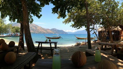 Tranquil Beach Oasis with Boats and Refreshing Drinks by Water