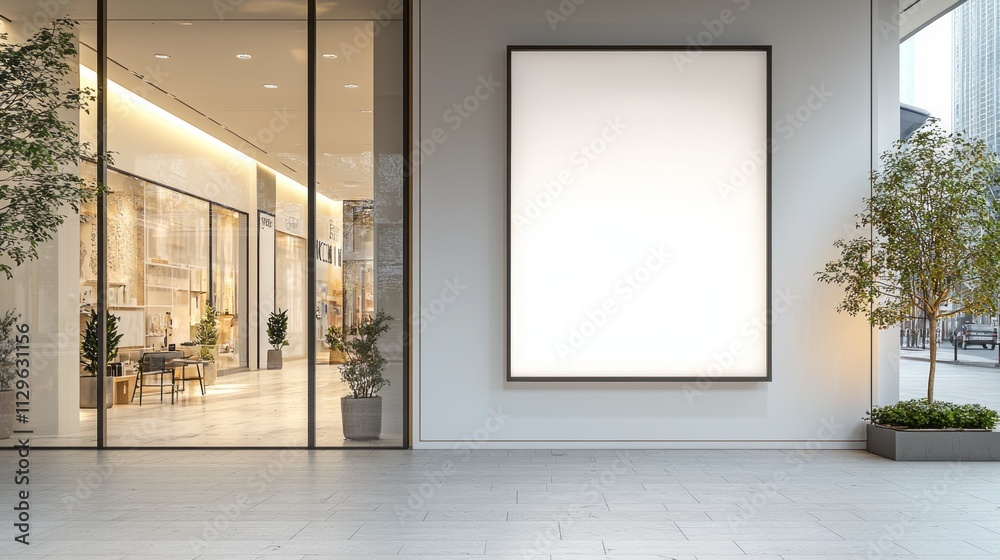 Poster a spacious modern interior showcases a large empty advertisement frame against sleek surfaces, invit