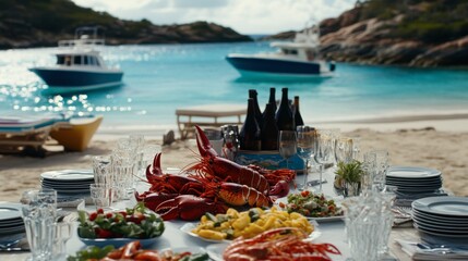 Obraz premium Exquisite Beachfront Dining Experience with Fresh Seafood Delicacies
