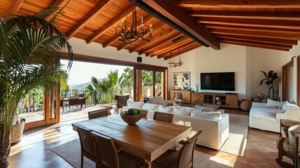 Obraz premium A warm living space featuring a wood-beamed ceiling, dining table, and sofas.