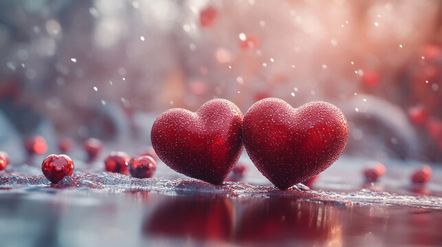 Two red hearts in the foreground, surrounded by a blurred background, symbolize love, romance, and affection, making it perfect for Valentine's Day, relationships, and heartfelt emotion