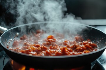 Ground meat and tomato sauce simmer in a pan creating steam and bubbles Making bolognese sauce Kitchen food prep A photo series to illustrate the recipe