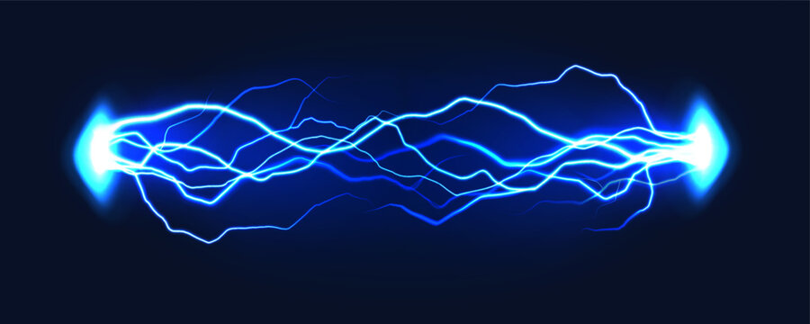 Electric discharge. Thunder bolts blue lightning, electric shock glowing flash effect. Power electrical energy lightning. Vector concept.