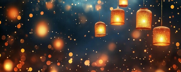 Obraz premium Modern Diwali background with floating lanterns and golden sparkles, contemporary festive look concept