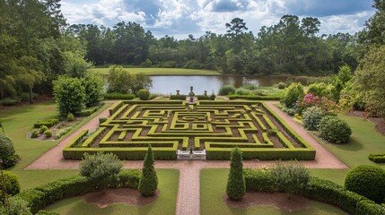 Aerial view of a maze in a structured garden.

