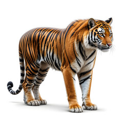 Obraz premium Tiger isolated on a white background, Side view, tiger standing full HD image generated by Ai. full body, realistic, full detail looking at the camera.