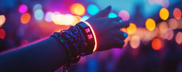 Music festival schedule concept. glowing neon wristband on person wrist at festival