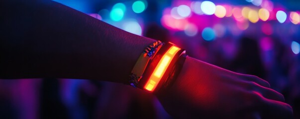 Music festival schedule concept. glowing neon wristband on person wrist at festival