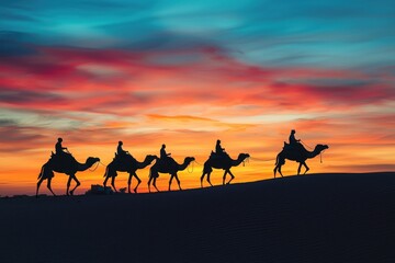 A group of travelers riding camels across a desert landscape during golden hour. The silhouettes of the camels and riders create a striking image against the colorful sky. This scene captures the
