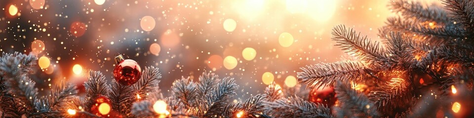 Christmas Scene with Glowing Lights, Greenery Decorations on Indoor Background for Holiday Celebration