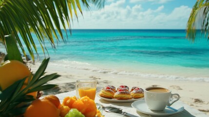 Obraz premium Tropical Breakfast Setting with Pastries and Fruits by the Ocean
