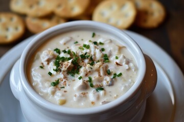 Homemade clam chowder with crackers from New England